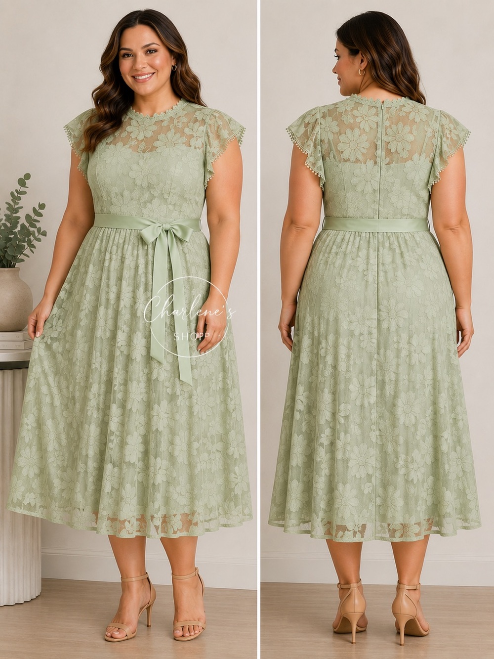 Sage Green Floral Lace Midi Dress Romantic Garden Party Elegance
